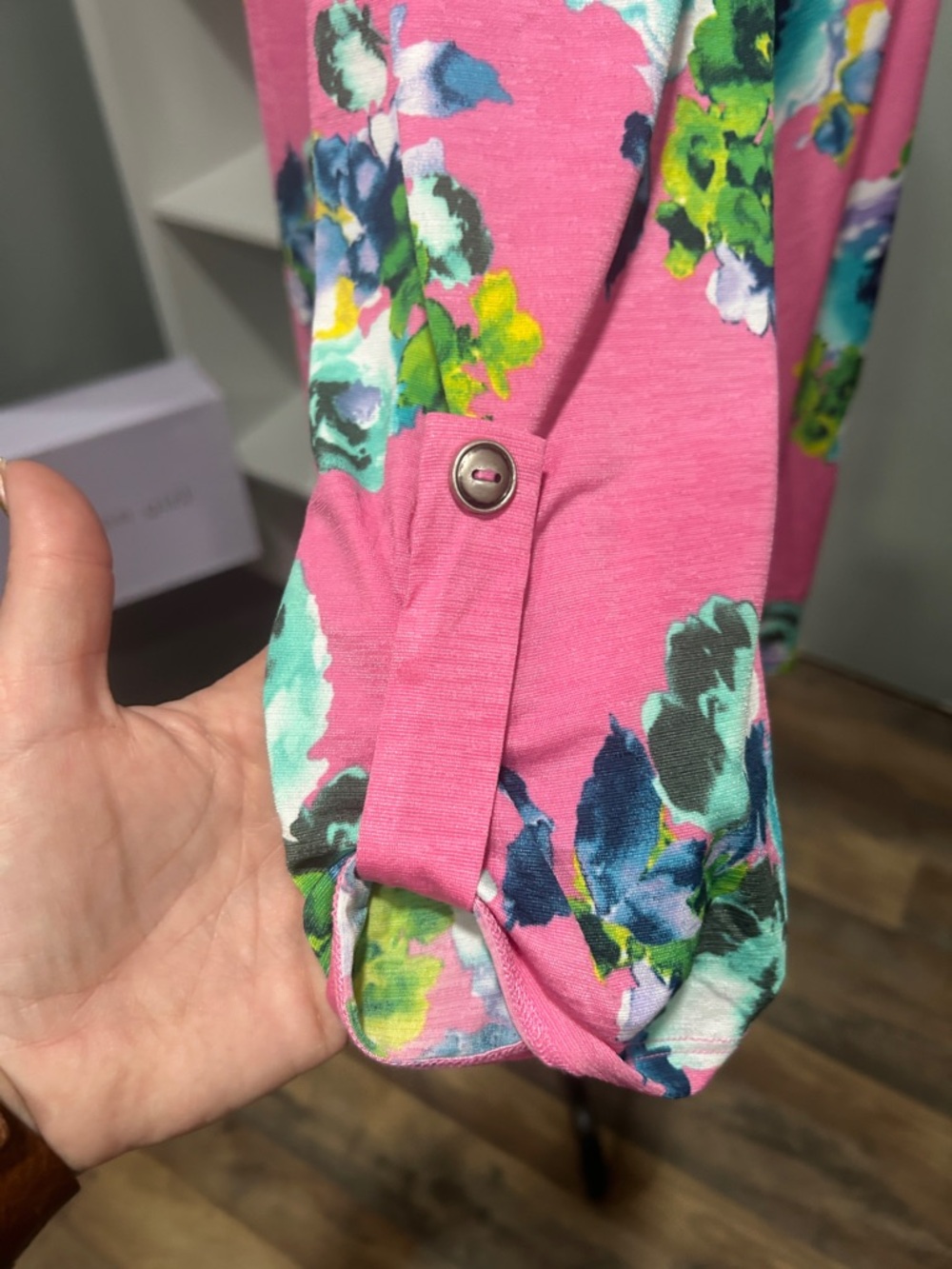 Pink Floral Split-Neck Blouse with Roll-Tab Sleeves - Picture 5 of 5